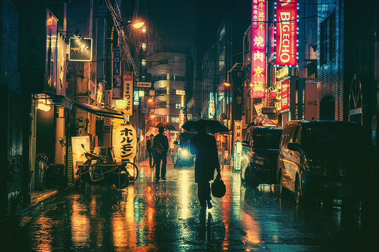 Nachts Straßen von Tokio